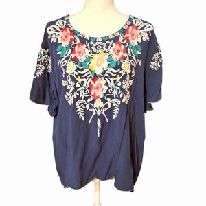 Navy Floral Embroidered Blouse